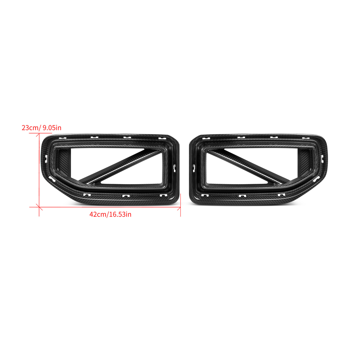 Two carbon fiber car vent covers are side by side. Each has a diagonal bar inside. Dimensions are labeled: 23cm/9.05in high and 42cm/16.53in wide, with white background.