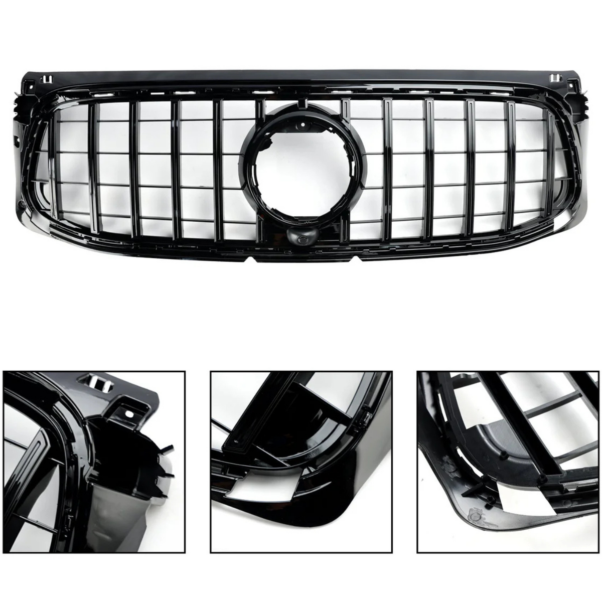 A black car grille with a distinctive grid pattern and central circular emblem is displayed in close-up detail. It is surrounded by a plain white background, with three additional detailed close-up views of different sections of the grille.