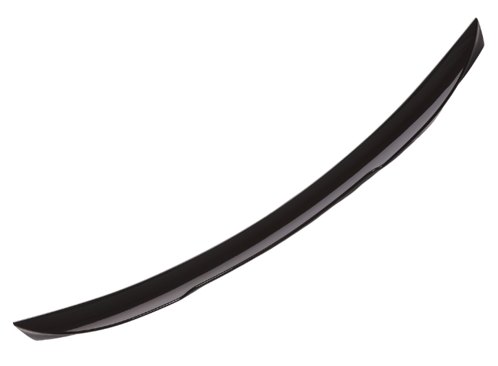 A black, curved car spoiler with a sleek design is positioned against a plain white background.