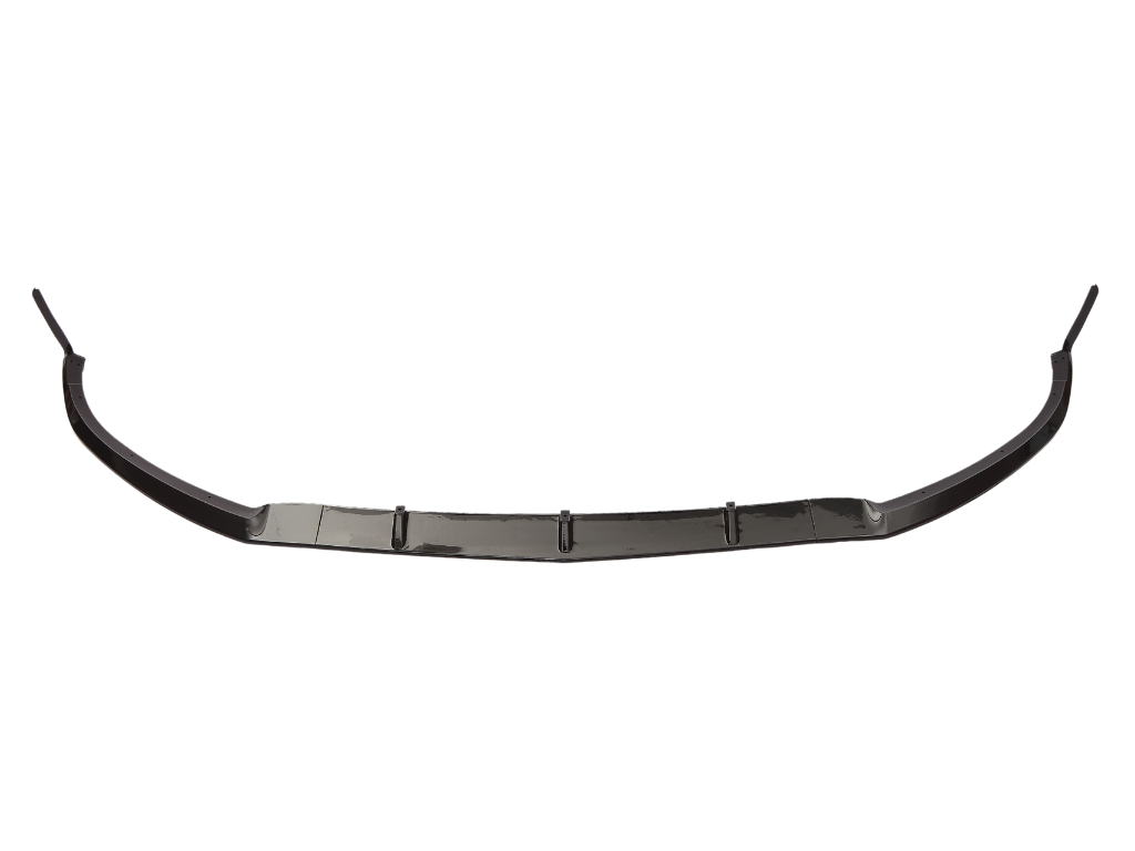 Black car front lip spoiler, curved with mounting brackets, displayed on a solid white background, emphasizing its aerodynamic design and sleek structure.
