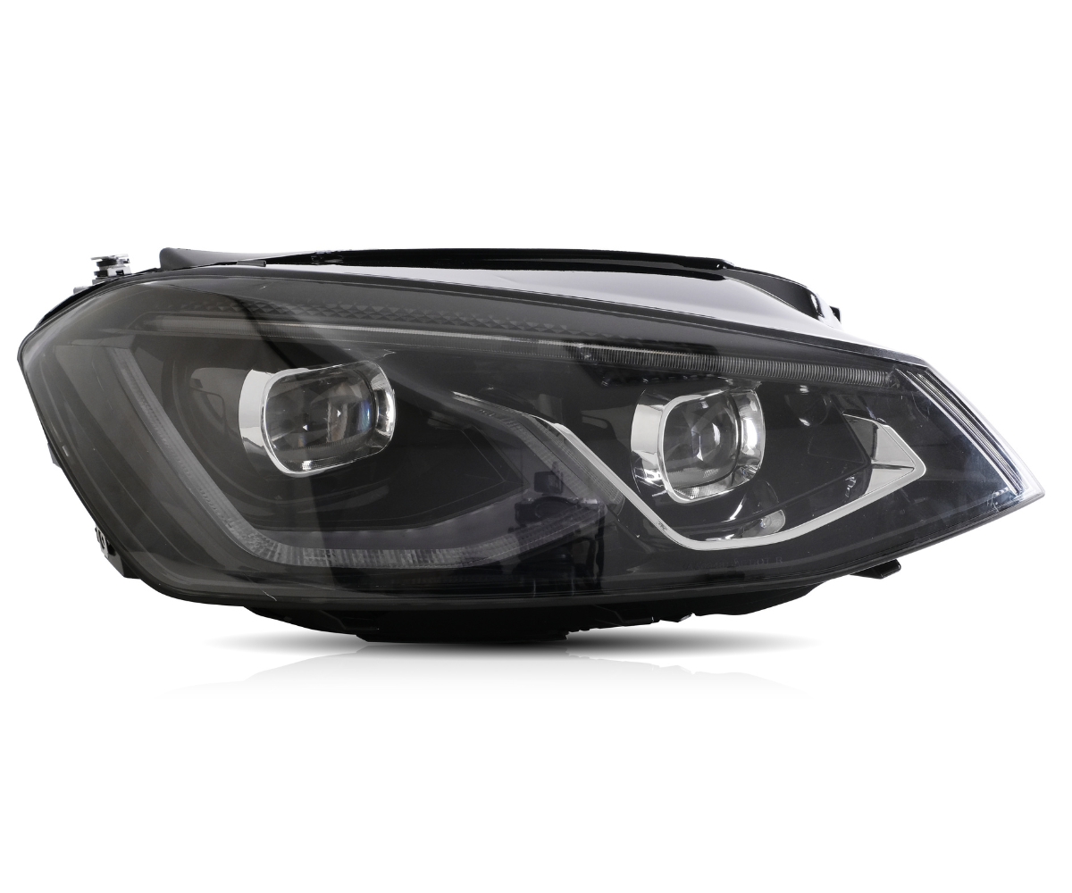 A sleek car headlight features dual reflector lamps, surrounded by black and chrome accents, isolated against a white background.