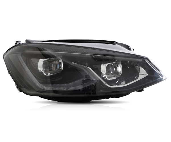 A sleek car headlight features dual reflector lamps, surrounded by black and chrome accents, isolated against a white background.
