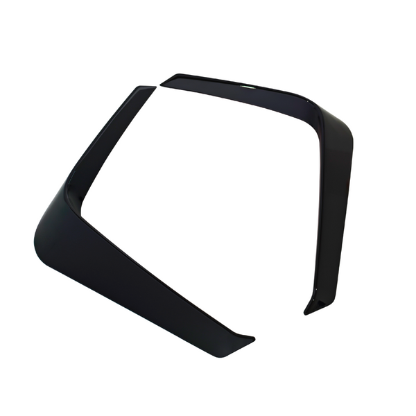 A dark, angular car accessory frame has two parts. Positioned like a hood or roof visor, it contrasts against a white background.