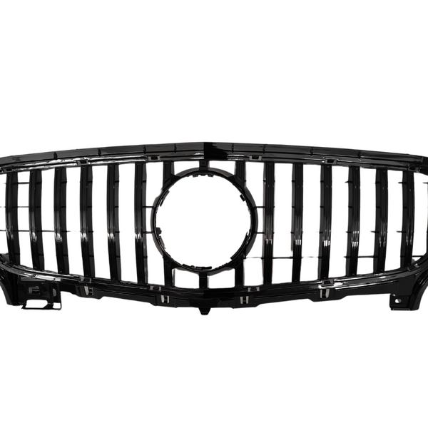 A glossy black car grille with vertical slats and a central circular opening. The object is isolated against a plain white background, highlighting its design.