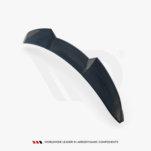 A curved, sleek black automotive spoiler is presented at an angle, on a plain white background. Text reads, "WORLDWIDE LEADER IN AERODYNAMIC COMPONENTS" at the bottom.