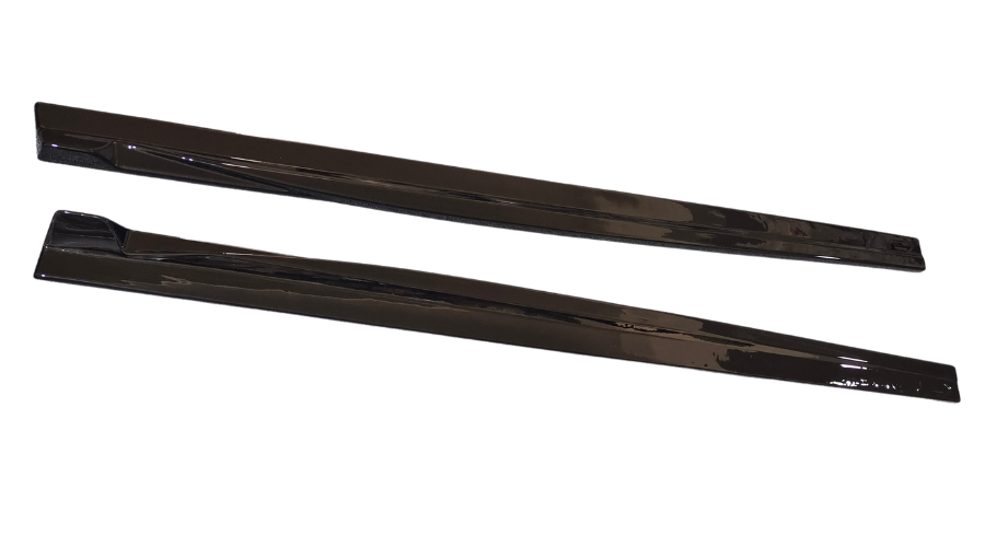 Two sleek, glossy black roof rails positioned parallel to each other, angled slightly upward, on a plain white background.