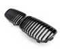A pair of black, glossy car grilles featuring vertical slats, positioned side by side on a plain white background.