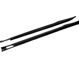 Two long, black carbon fiber strips lay parallel on a white background. One strip features an elongated hole, and both have slight angled ends.