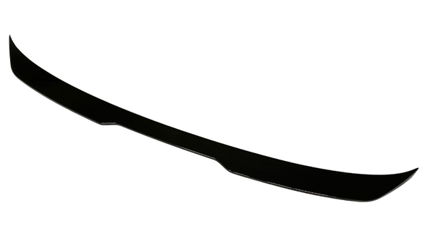 A sleek, black car spoiler rests on a white, featureless background, designed for aerodynamic enhancement with a gently curved shape.