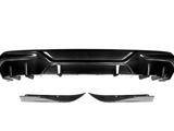 Carbon fiber car bumper with sleek contours and angular design, displayed against a plain white background, emphasizing its glossy texture and aerodynamic style.