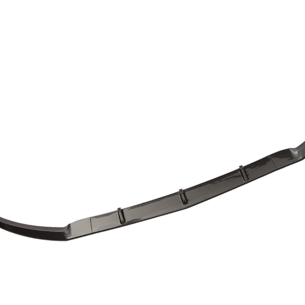 A black, curved car front splitter with mounting points, ready for installation, isolated on a white background.