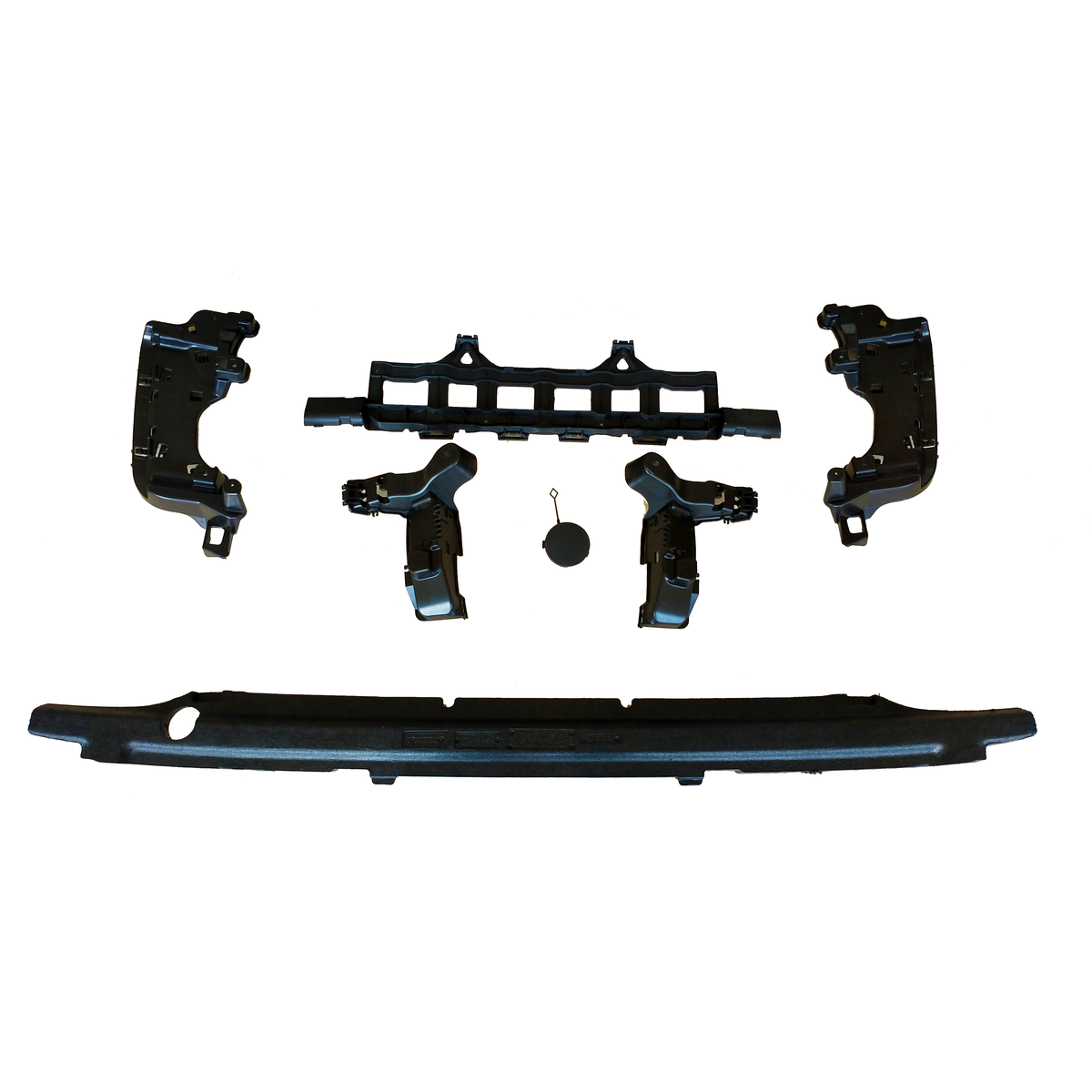 Black car bumper components are arranged on a white background. Various parts, including brackets and a circular piece with a pin, are evenly spaced, suggesting assembly layout.