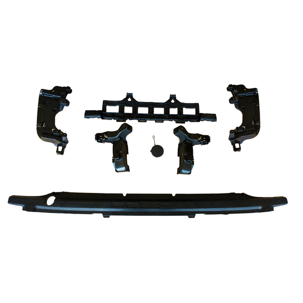 Black car bumper components are arranged on a white background. Various parts, including brackets and a circular piece with a pin, are evenly spaced, suggesting assembly layout.