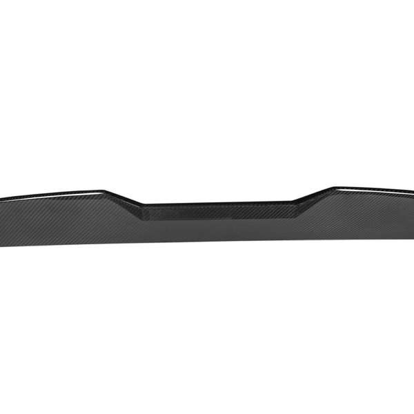 A sleek, black, carbon fiber car spoiler with angular contours, viewed against a plain white background.