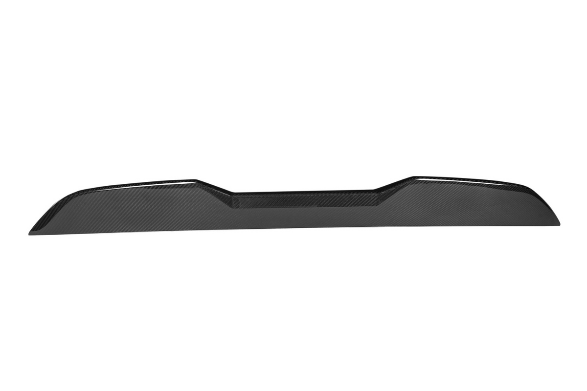 A sleek, black, carbon fiber car spoiler with angular contours, viewed against a plain white background.