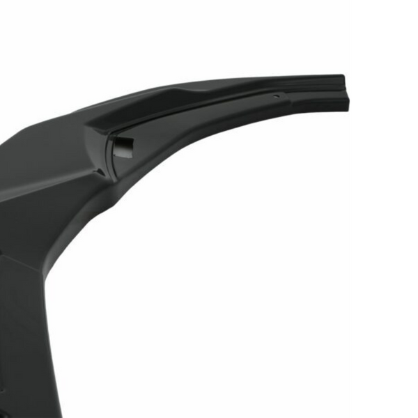 A sleek, black car fender shows a streamlined design with sharp angles, set against a plain white background.