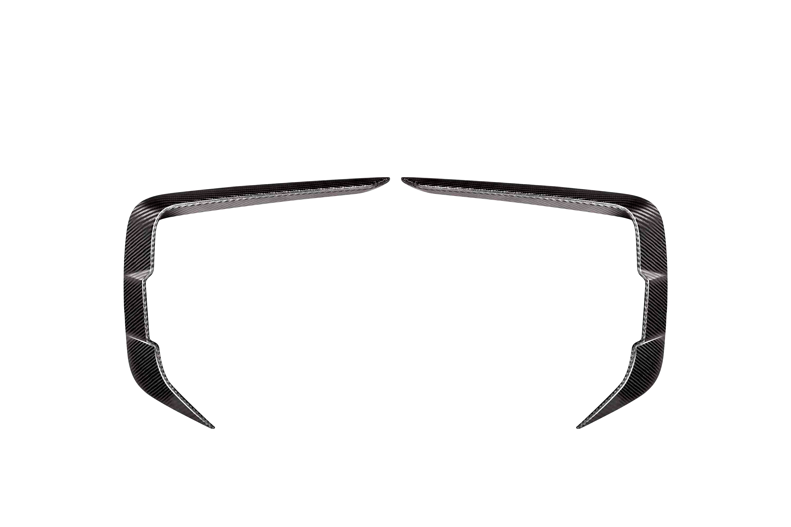 Two symmetrical, angled carbon fiber trim pieces facing each other on a plain white background, resembling elongated, curved brackets or stylized boomerangs.