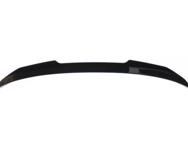 A sleek, black car spoiler is shown against a plain white background. It has a curved, aerodynamic design with pointed ends.