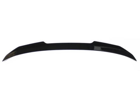 A sleek, black car spoiler is shown against a plain white background. It has a curved, aerodynamic design with pointed ends.