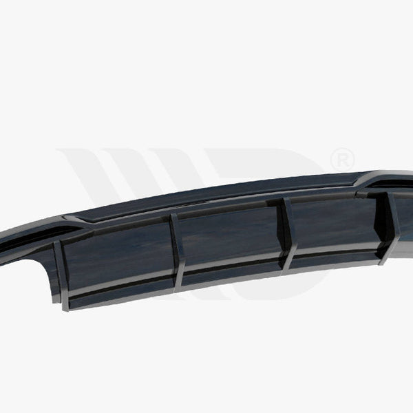 A black car diffuser rests against a white background, showing its aerodynamic fin structure. Text below reads: "WORLDWIDE LEADER IN AERODYNAMIC COMPONENTS."
