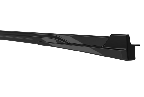 A sleek, black, elongated vehicle side skirt with angular design details, positioned against a plain white background.