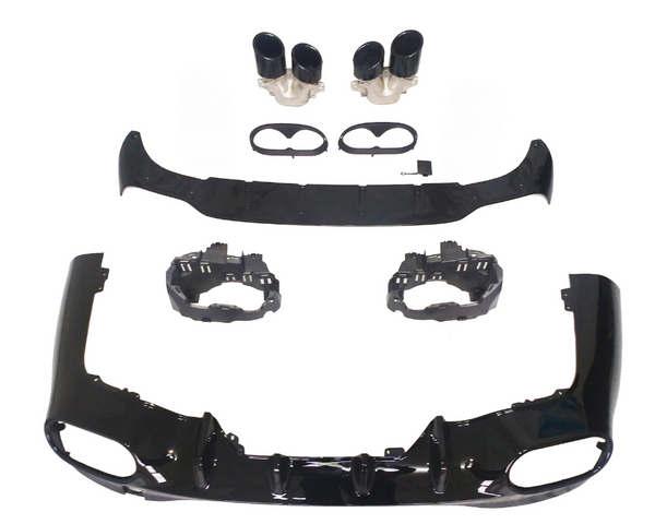 Car bumper components laid out, showcasing black aerodynamic parts, dual exhaust tips, and mounting brackets on a white background, arranged for assembly display.
