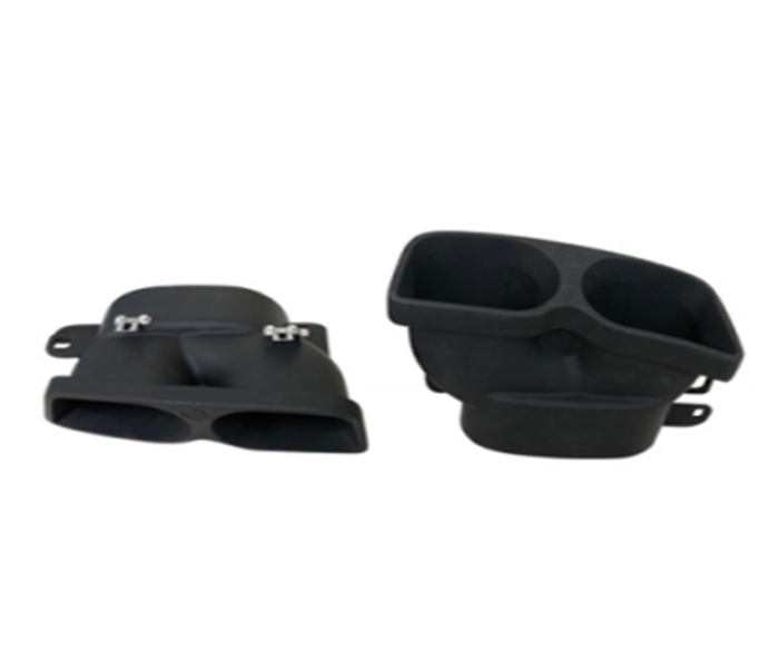 Two black plastic intake ducts, one with silver clasps, rest side by side. The curved surfaces feature twin openings, set against a plain white background.