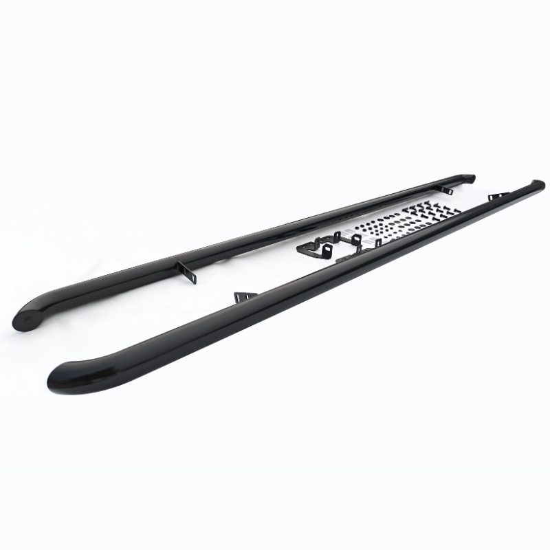 Two black side step bars lie parallel with mounting brackets and hardware visible, set against a plain white background.