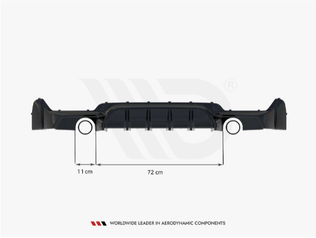 A black automotive component with a central ribbed section spans 72 cm in length and 11 cm in height. Beneath it reads: "WORLDWIDE LEADER IN AERODYNAMIC COMPONENTS."
