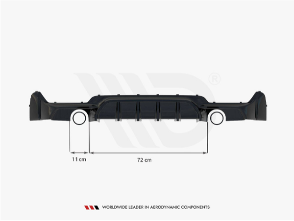 A black automotive component with a central ribbed section spans 72 cm in length and 11 cm in height. Beneath it reads: "WORLDWIDE LEADER IN AERODYNAMIC COMPONENTS."