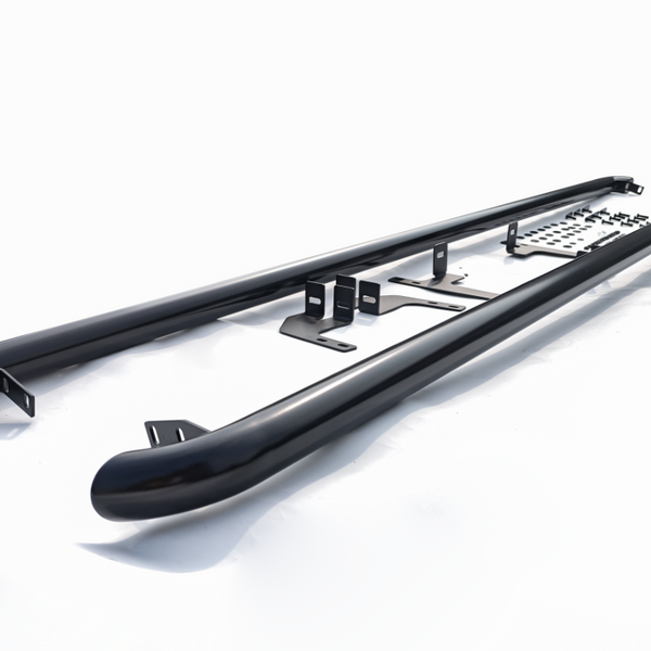 A black, tubular metal side step with mounting brackets and patterned step plates lays on a white surface, designed for vehicle installation.