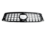 A black car grille featuring a grid pattern and a central circular emblem holder is isolated against a white background, highlighting its sleek design.