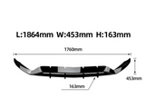 A black car spoiler is displayed with dimensions labeled: Length 1864mm, Width 453mm, Height 163mm. The image shows a frontal view, emphasizing its curves and aerodynamic features.