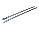 Two long, slender metal tools with flat, angled ends lie parallel on a white surface, designed for prying or lifting tasks in mechanical or construction contexts.