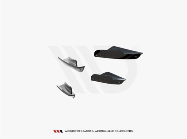 Four sleek, black aerodynamic components are displayed against a neutral background. The text at the bottom reads: "WORLDWIDE LEADER IN AERODYNAMIC COMPONENTS."