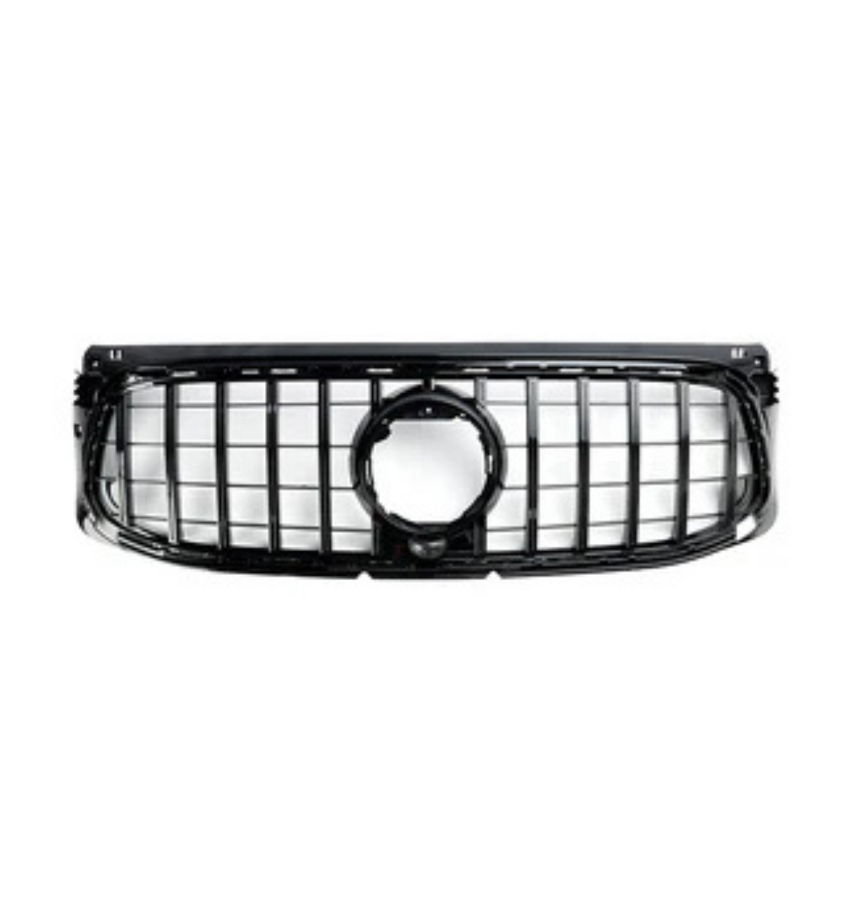A black car grille with a central circular emblem area, featuring a grid pattern, is displayed against a plain white background.