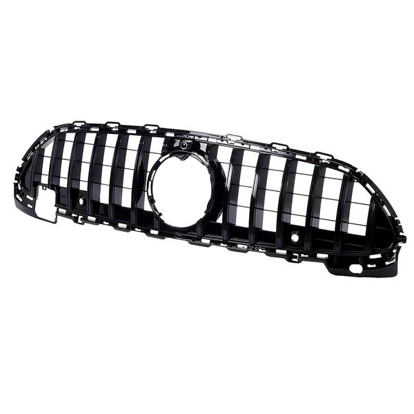 A black car grille with vertical and horizontal slats forms a grid pattern, featuring a central circular opening. The grille is isolated on a white background.