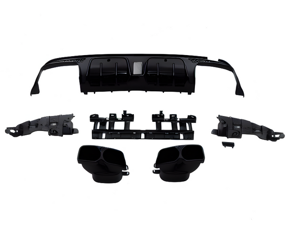 Automobile rear bumper diffuser parts, disassembled and laid out; includes end pieces, exhaust tips, and center grille. The components are black and arranged against a plain white background.
