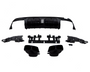 Automobile rear bumper diffuser parts, disassembled and laid out; includes end pieces, exhaust tips, and center grille. The components are black and arranged against a plain white background.