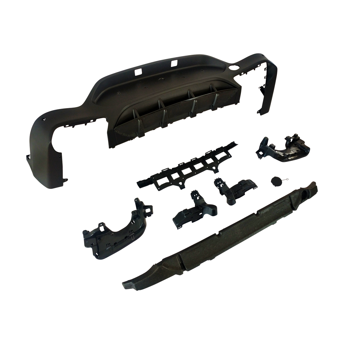 Car bumper components laid out, including a main bumper piece with integrated air vents and various smaller attachment parts, all on a plain white background.