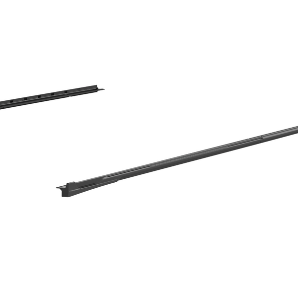 Two elongated, black metal sections with slots and rectangular notches positioned against a white background, possibly components for a mechanical or structural assembly.