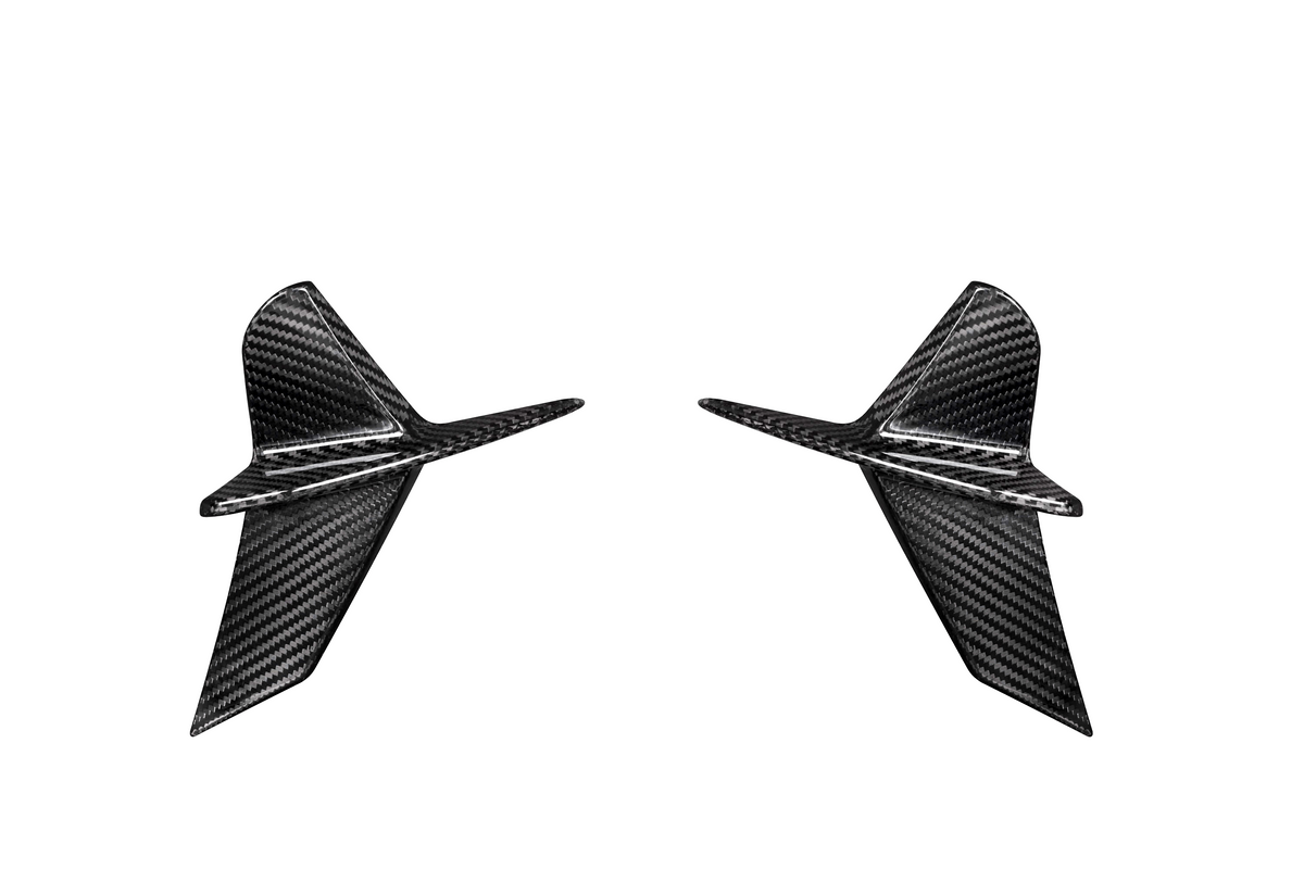 Two carbon fiber airplane-shaped figures pointing inward, each with angled wings and fins, set against a plain white background.