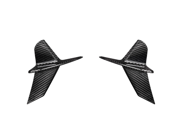 Two carbon fiber airplane-shaped figures pointing inward, each with angled wings and fins, set against a plain white background.