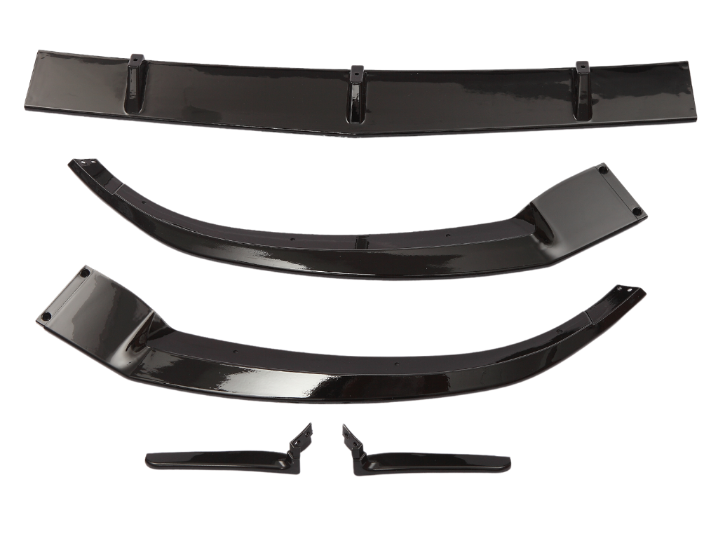 Five glossy black car spoiler components are laid on a white background. They vary in size and shape, indicating they are parts of a vehicle aerodynamic kit.