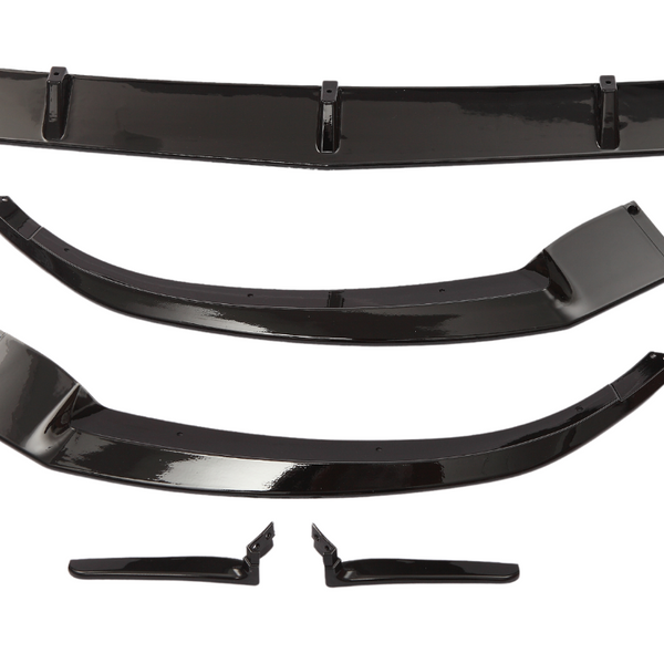 Five glossy black car spoiler components are laid on a white background. They vary in size and shape, indicating they are parts of a vehicle aerodynamic kit.