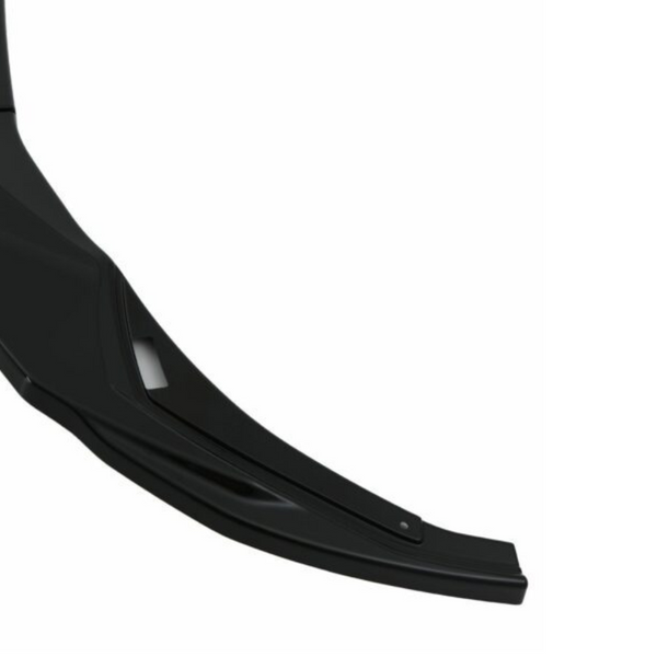 A black, curved plastic object with a smooth, angular design, positioned against a white background. The object has a small, recessed slot near its midpoint.