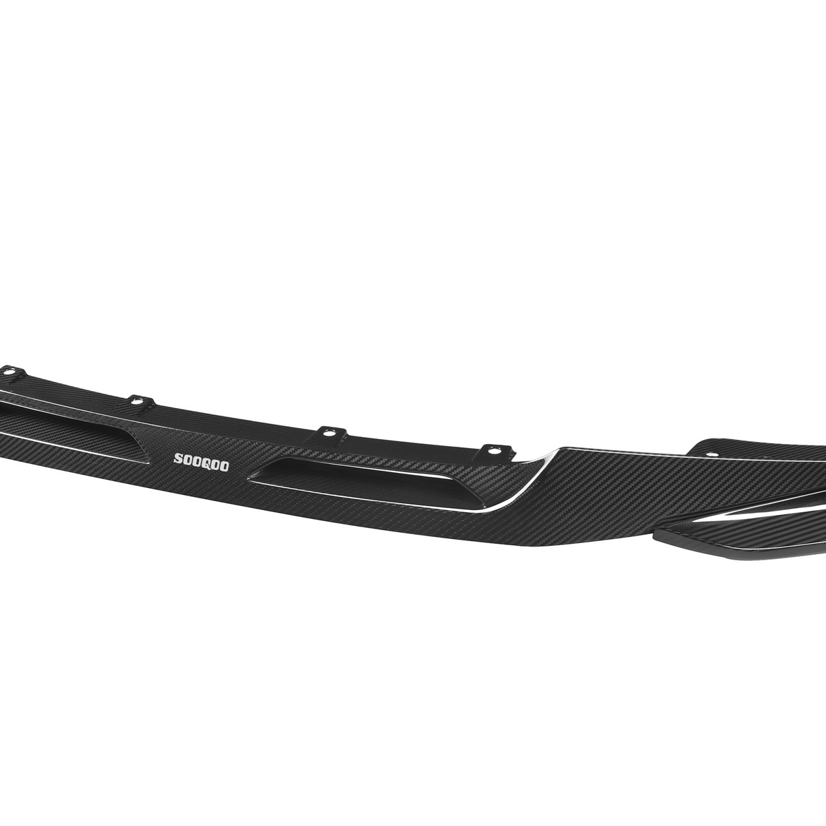 A black carbon fiber car front spoiler with aerodynamic vents and mounting holes, labeled "SOOCOO," isolated on a plain white background.