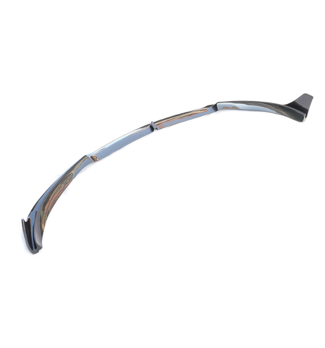 Curved carbon fiber car spoiler resting on a white background, featuring a glossy finish and intricate weave pattern, with sections joined together by metallic connectors.