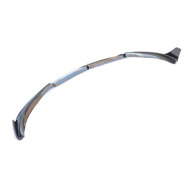Curved carbon fiber car spoiler resting on a white background, featuring a glossy finish and intricate weave pattern, with sections joined together by metallic connectors.