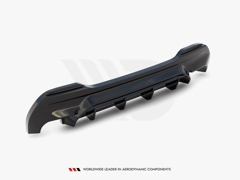A glossy black car bumper is displayed on a white background, showcasing aerodynamic features. Text at the bottom reads, "WORLDWIDE LEADER IN AERODYNAMIC COMPONENTS."
